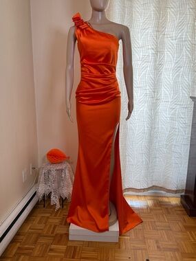 Othr One-Shoulder Orange Satin Gown with Side Slit